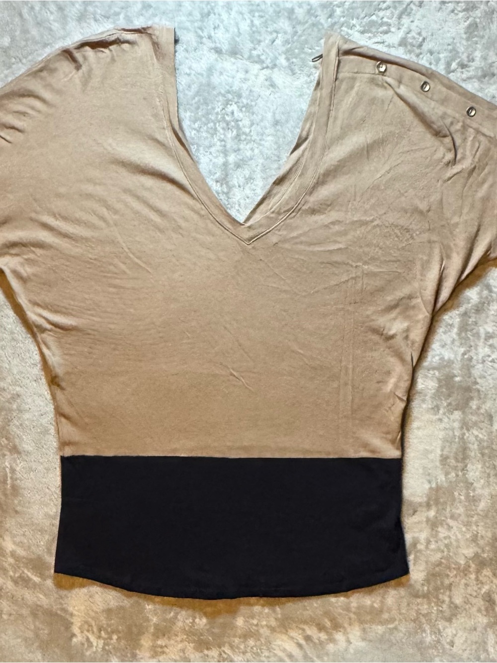 Express Taupe V-Neck Top with Black Brand Tag